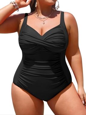 ADDITION ELLE Plus-Size Black One-Piece Swimsuit with Ruched Front